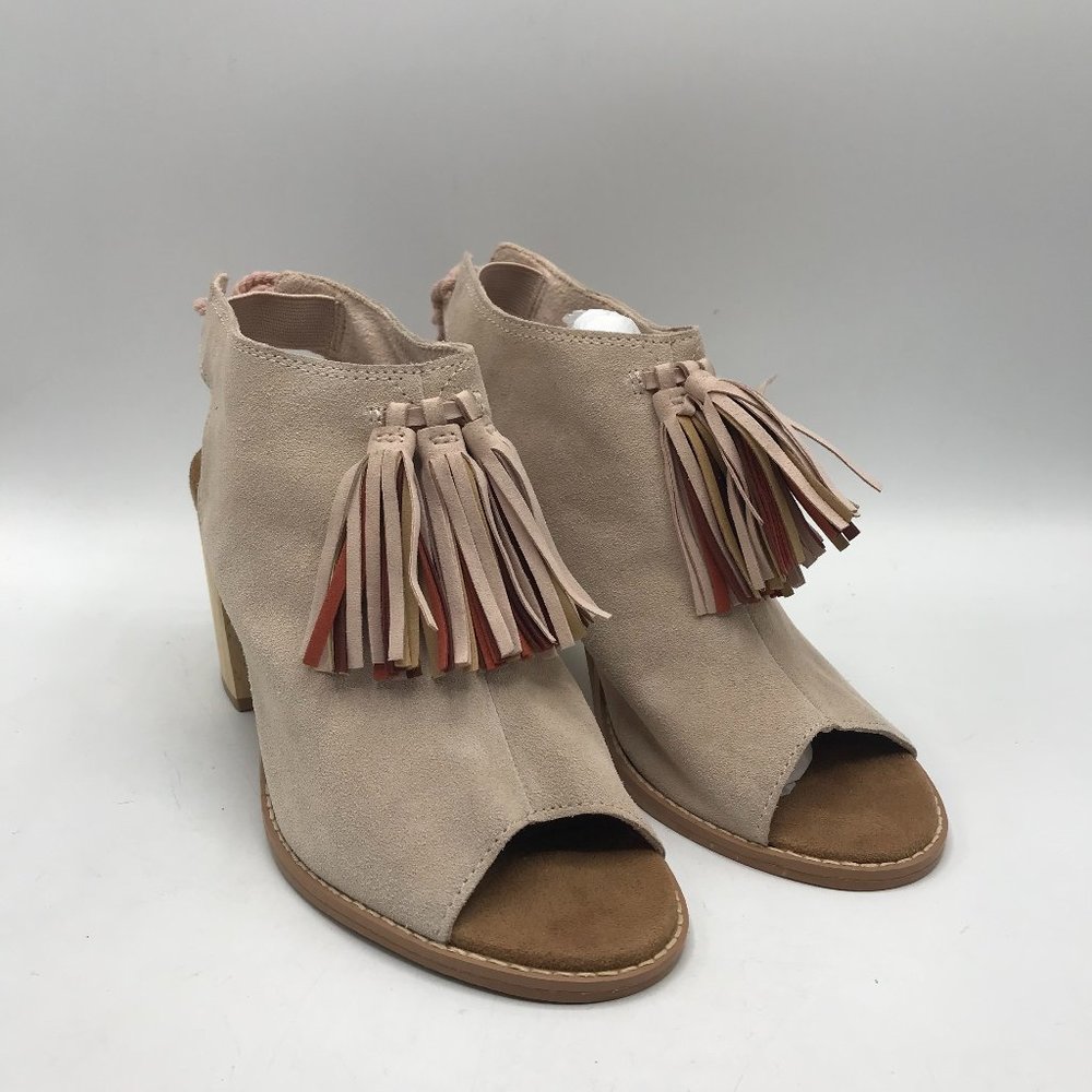 Toms Elba Open Toe Tassel Sandal Pink Suede Block Heel Booties Size 8.5